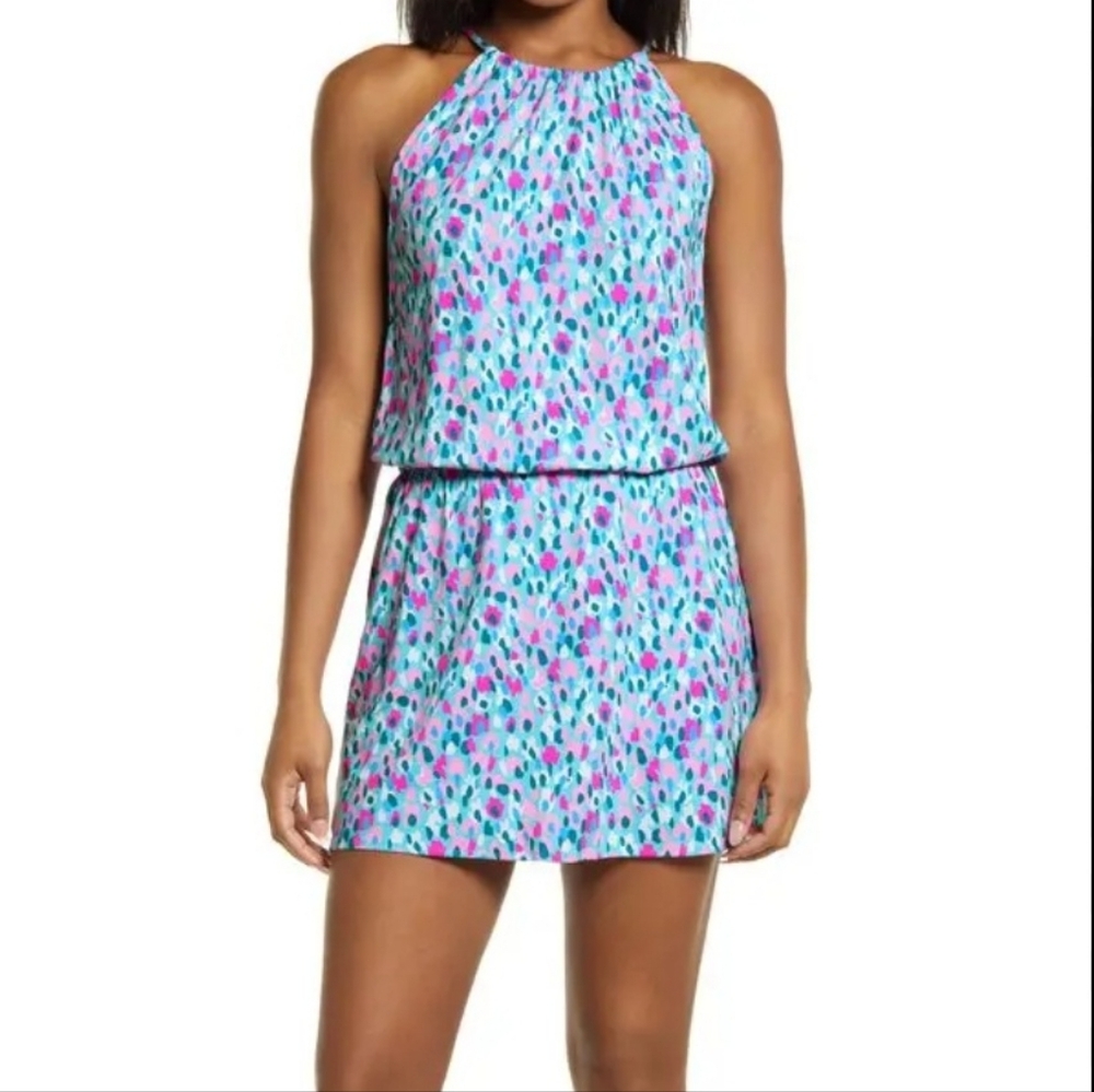 Lilly Pulitzer Womens Gianni Skort Romper Hottie Dottie Dress Preppy Blue/Pink L
